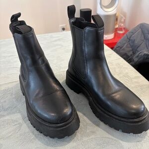 Black leather lug sole platform booties size 9